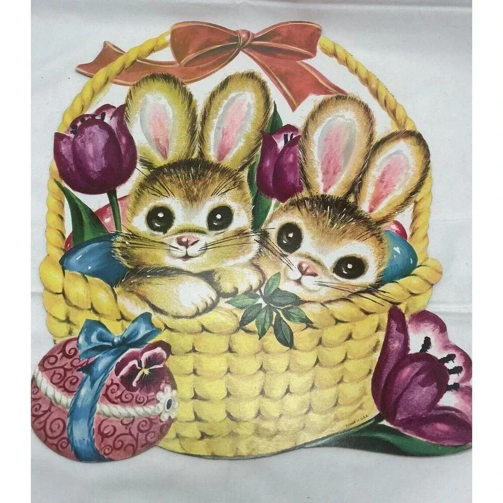 VTG Die Cut Cardboard Easter Decoration Brown Rabbits in Basket with Egg Tulips